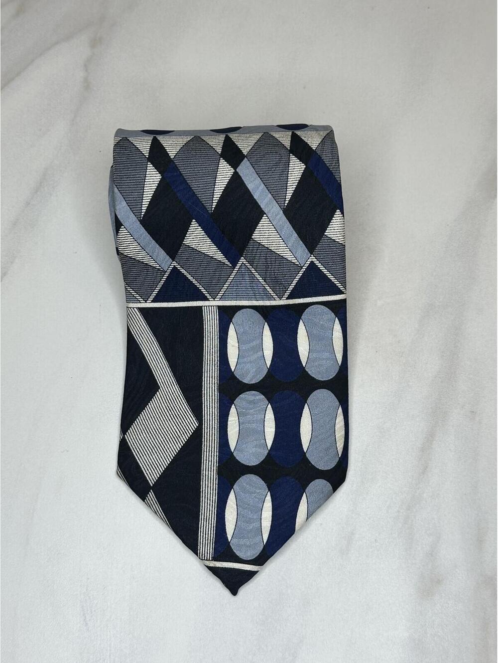 Vintage Pierre Balmain 100% silk tie navy/black/blue/ivory/grey geometric